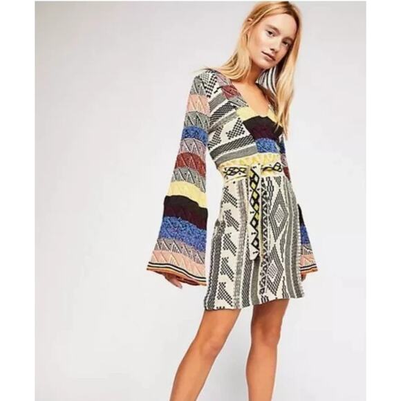 NWT Free People Sweater Dress Bell Sleeve Knit Boho Festival Multicolor Sz Large